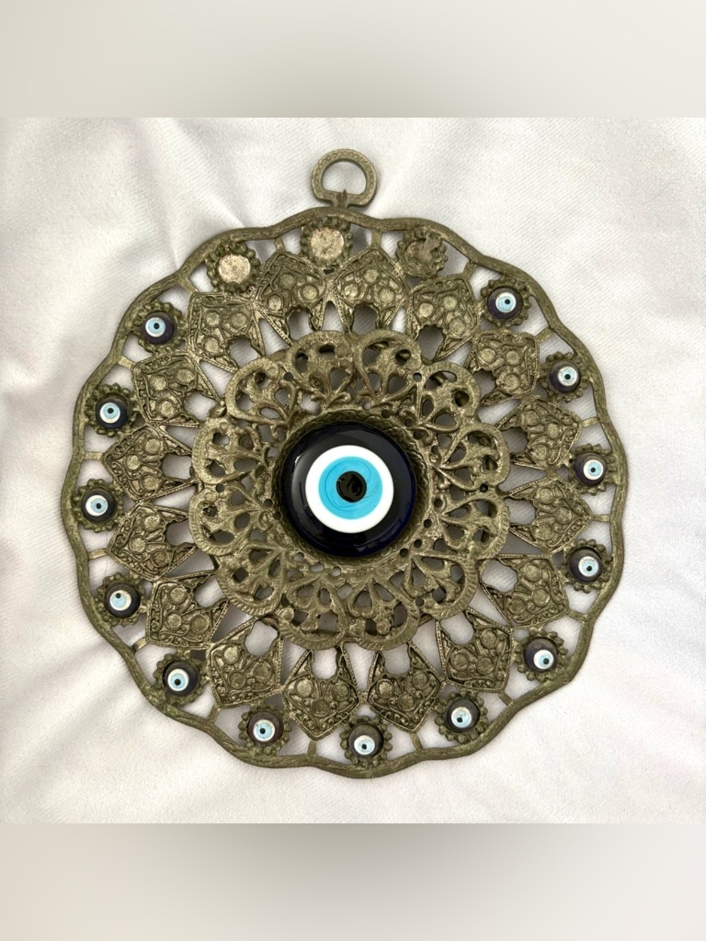 Vintage silver evil eye wall hanging home decor blue protection art boho indie